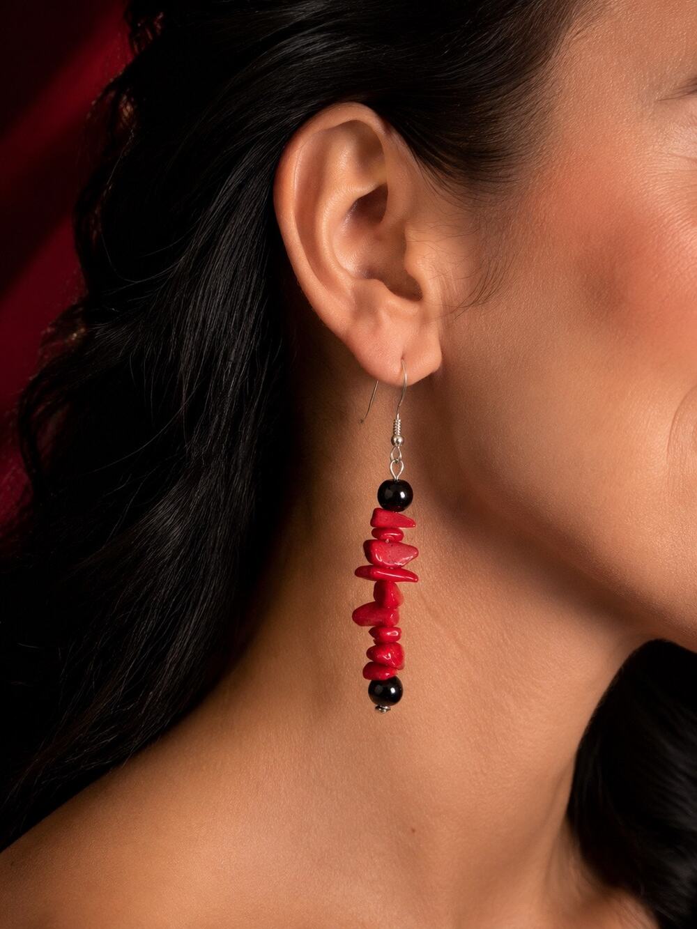 Red Coral Chip Black Bead Long Dangle Earrings Boho Artisan Statement